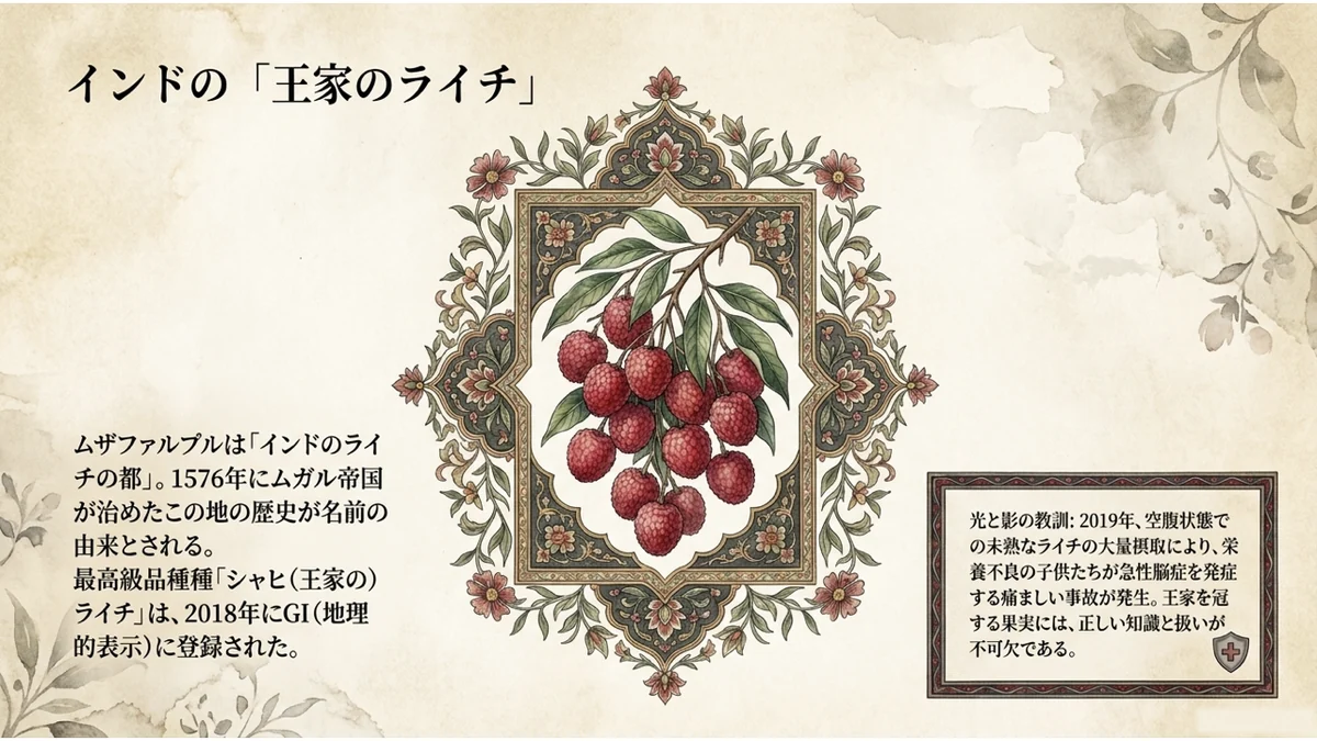 宝石をちりばめた額縁の中に房になったライチを描いた装飾的なイメージ