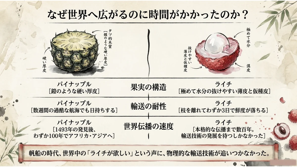 パイナップルとライチの果実の構造・輸送耐性・世界伝播の速度を比較した表