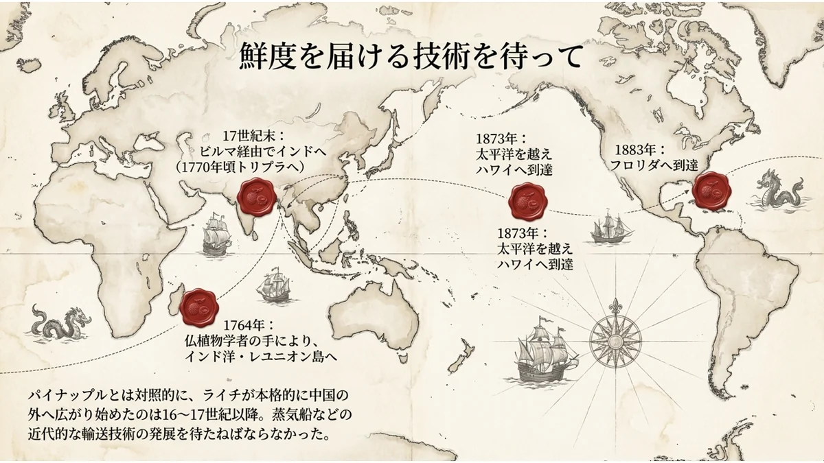 世界地図上に、インド・レユニオン島・ハワイ・フロリダへの伝来年を示したイメージ