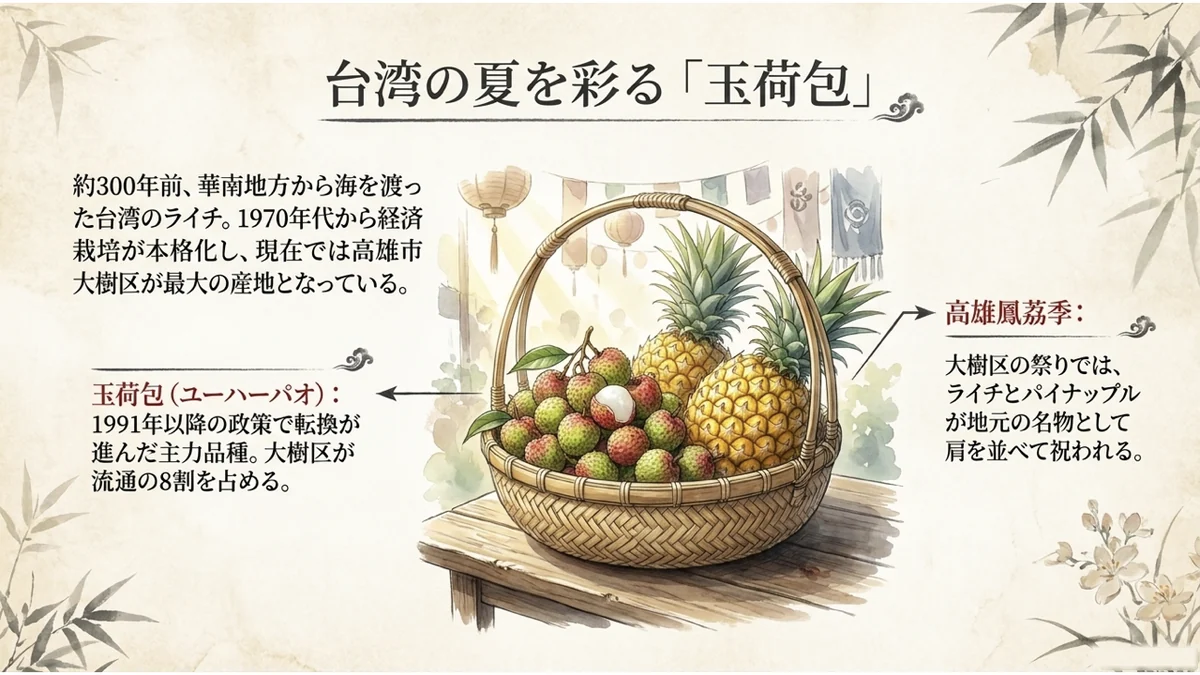 竹かごに盛られた玉荷包ライチと金鑽鳳梨(パイナップル)