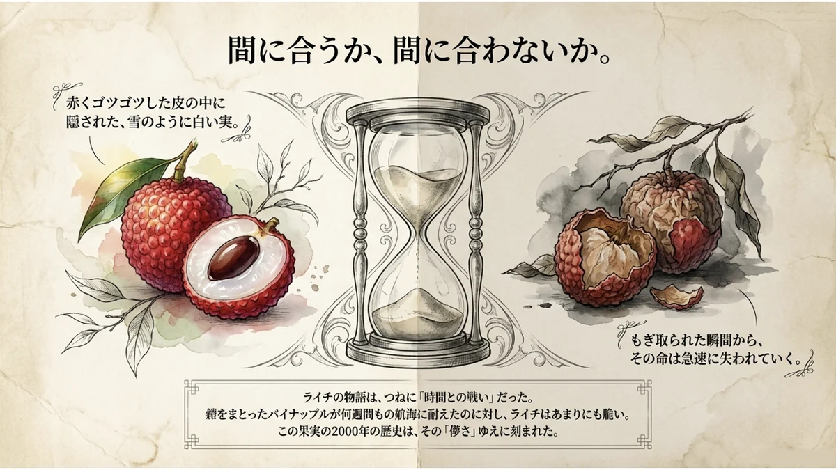 赤いライチと皮をむいた白い実、砂時計を並べたイメージ。もぎ取られた瞬間から命が急速に失われていく様子