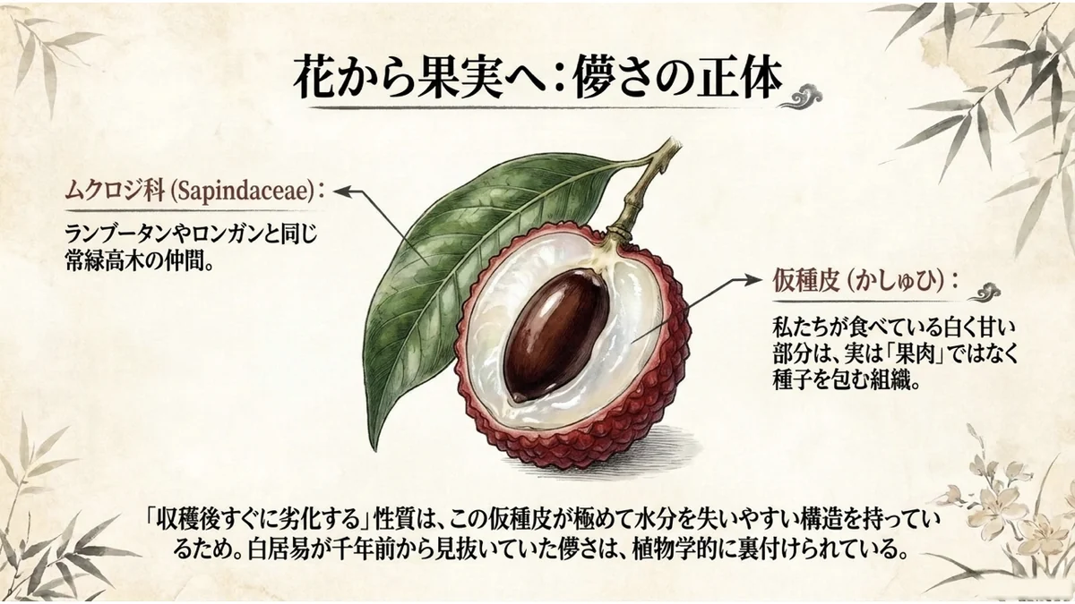 皮をむいたライチの断面図。ムクロジ科であること、種子を包む仮種皮であることを示す図解