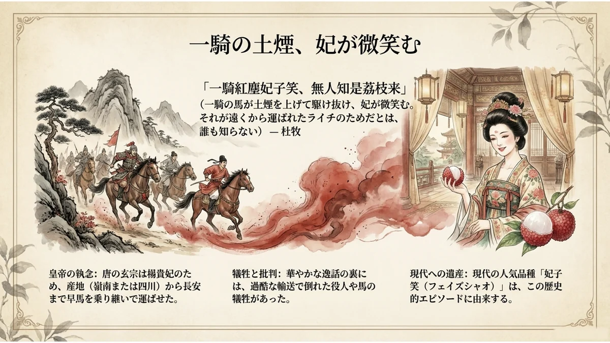 早馬の一団が土煙を上げて駆け抜ける様子と、長安の宮廷で微笑む楊貴妃を描いたイメージ