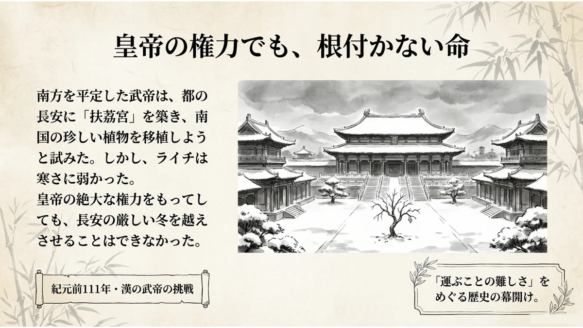 雪に覆われた長安の扶荔宮を描いたイメージ