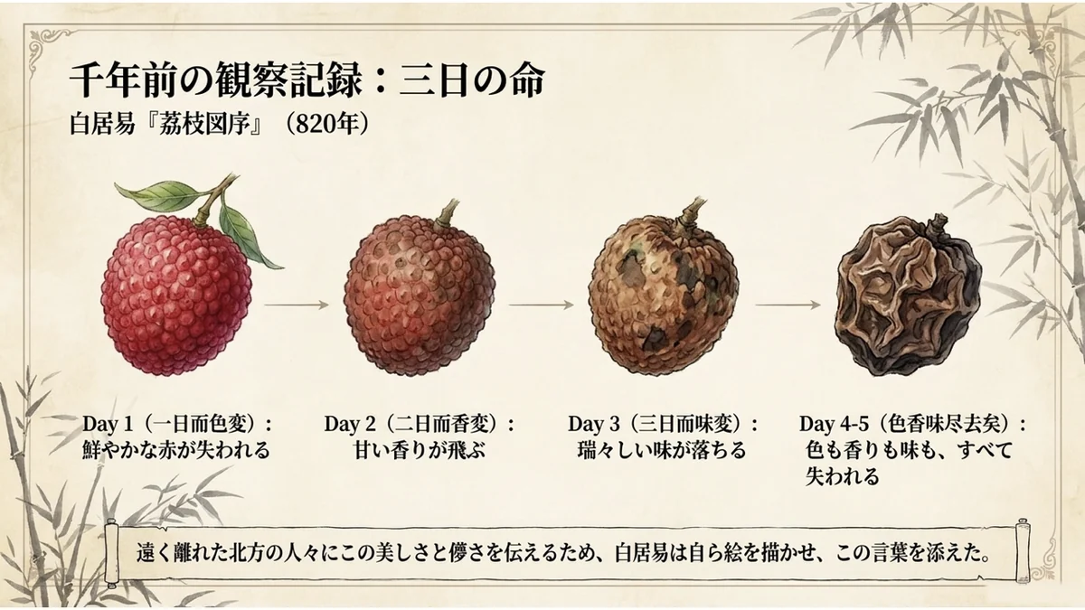 収穫直後から4〜5日後まで、ライチが赤色から茶色く変色していく4段階