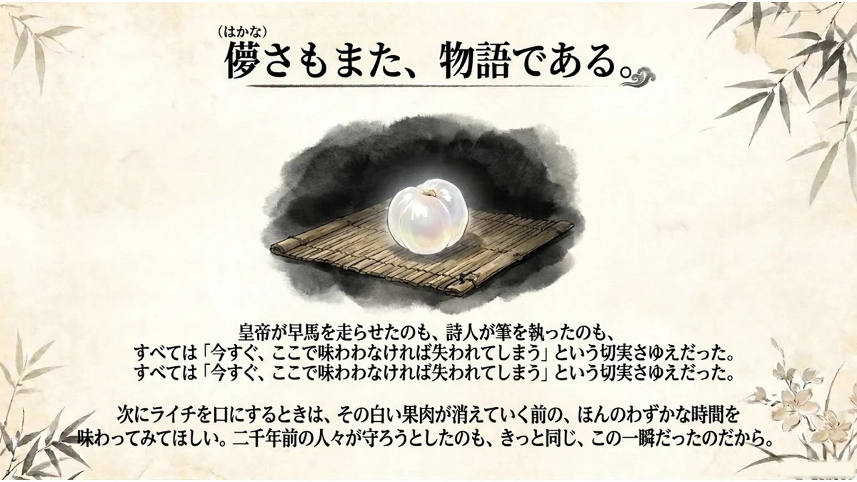 竹の敷物の上に置かれた、光をたたえた一粒の仮種皮を描いたイメージ(「儚さもまた、物語である。」の「儚」にふりがな「はかな」付き)