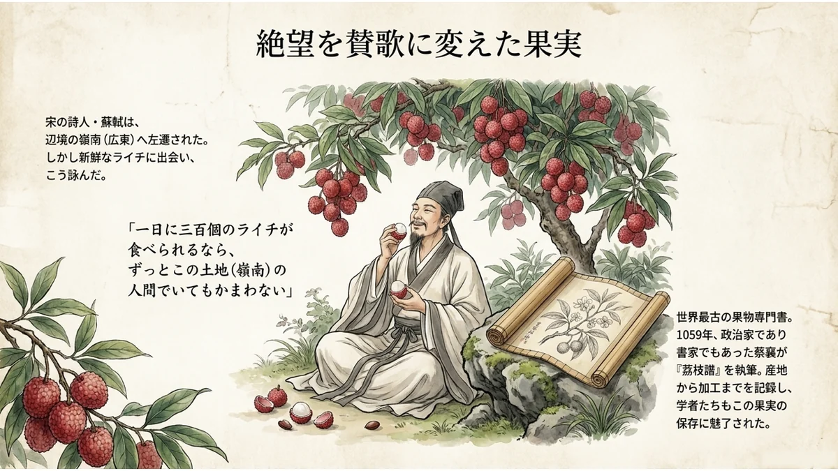ライチの木の下で果実を味わう蘇軾と、傍らに広げられた『荔枝譜』の巻物