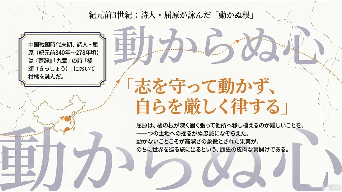 「志を守って動かず、自らを厳しく律する」という屈原「橘頌」の一節を大きく掲げ、橘の根が深く固く張って他所へ移し植えるのが難しいことを一つの土地への揺るがぬ忠誠になぞらえたと解説する図