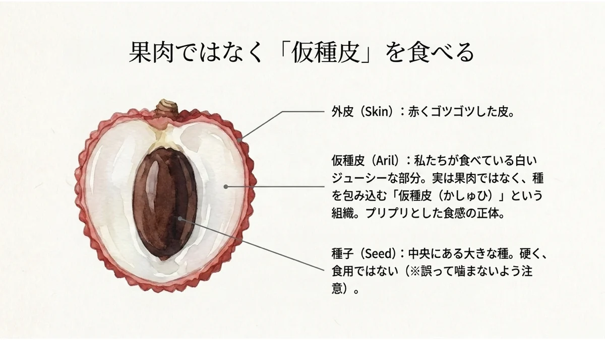 ライチの断面図。外皮・仮種皮・種子を示す図解