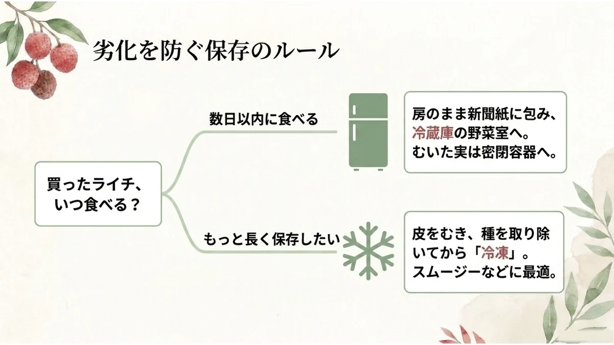 買ったライチ、いつ食べる?保存方法のフローチャート