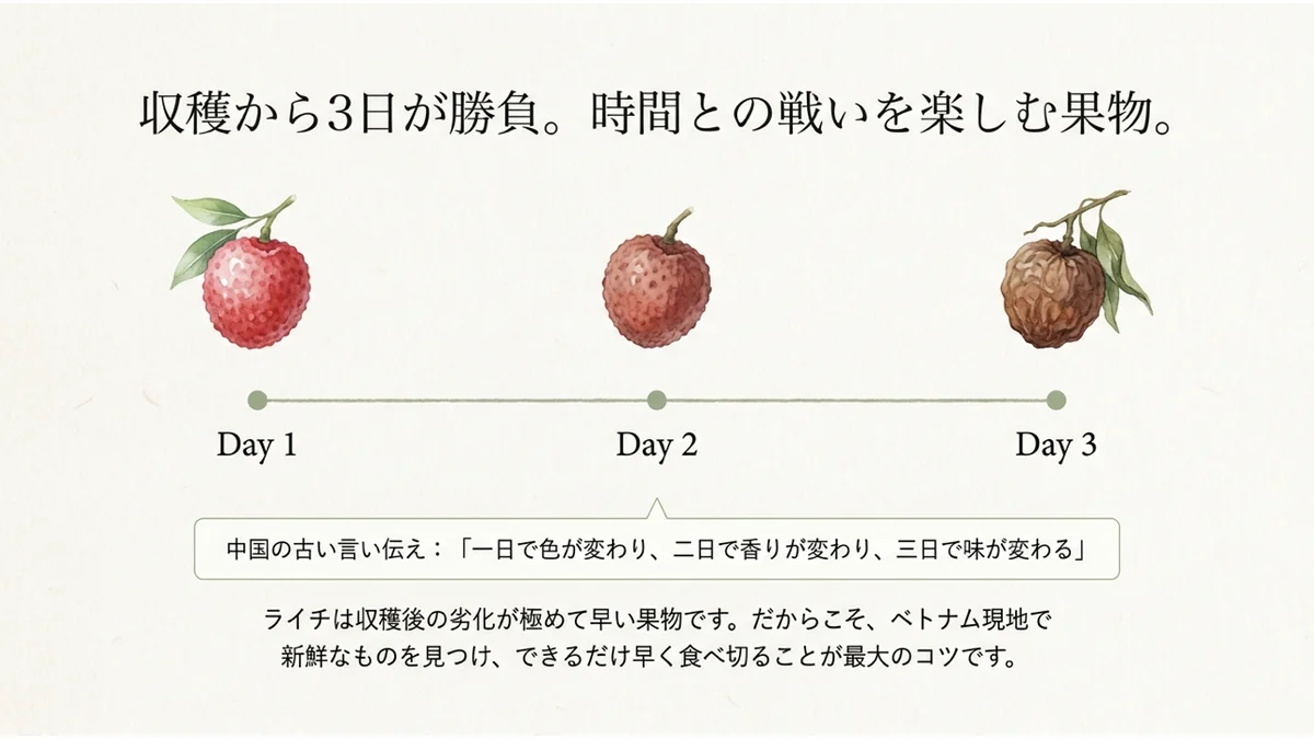収穫からDay1・Day2・Day3で色が変わっていくライチのイメージ