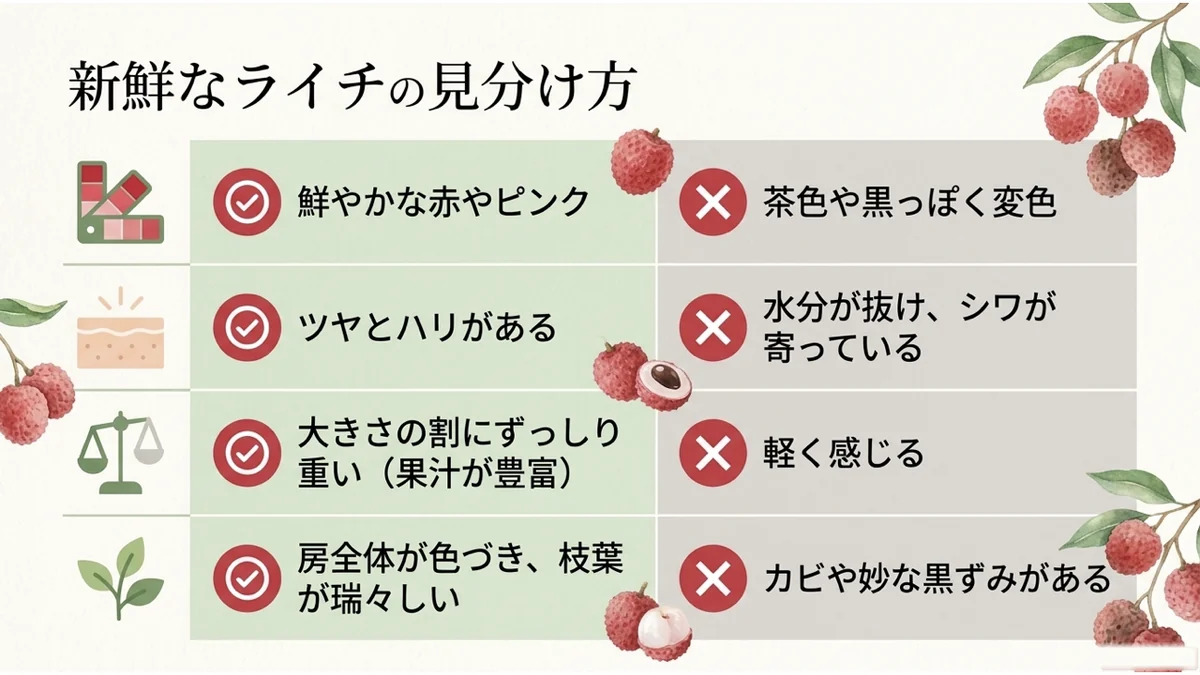 新鮮なライチの見分け方。色・ツヤ・重さ・房全体の状態をOK/NGで比較した図解