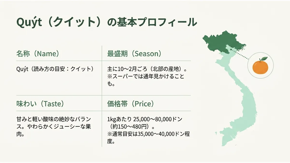 Quýt(クイット)の基本プロフィールとして、名称・最盛期(10〜2月ごろ)・味わい(甘みと軽い酸味)・価格帯(1kgあたり25,000〜80,000ドン)をベトナム地図とあわせて示した図