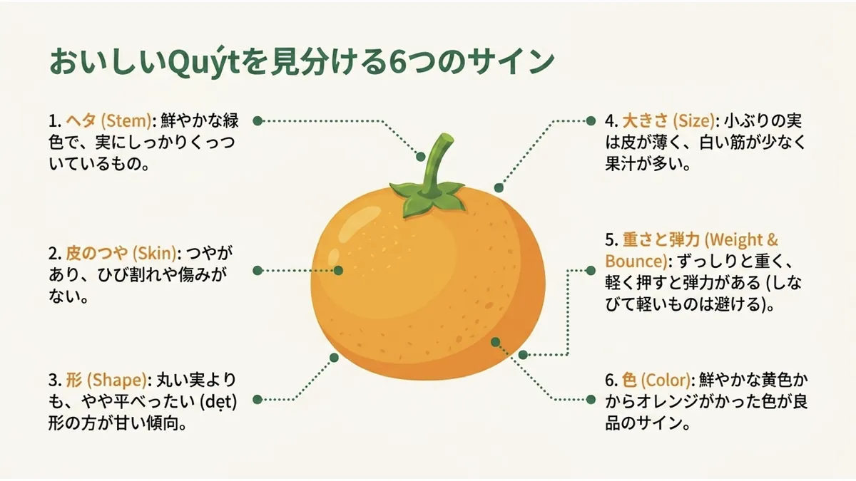 Quýtを実の中心に配置し、ヘタ・皮のつや・形・大きさ・重さと弾力・色の6つの診断ポイントを吹き出しで示した図