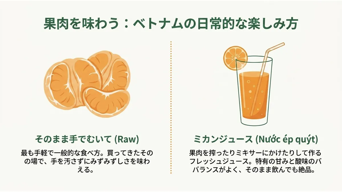 左に房に分けた果肉「そのまま手でむいて(Raw)」、右にストロー付きのジュース「ミカンジュース(Nước ép quýt)」を並べた「果肉を味わう:ベトナムの日常的な楽しみ方」の図