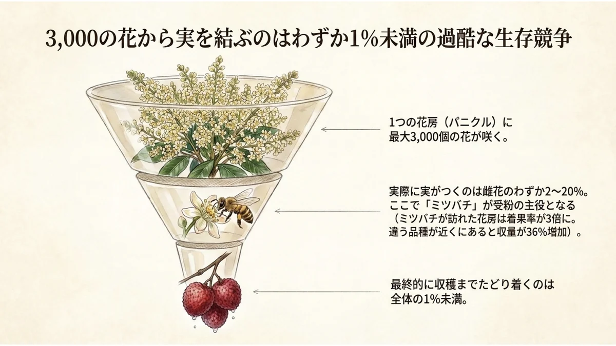 3,000の花から実を結ぶのはわずか1%未満の過酷な生存競争(本文では出典[Queensland DPI]に基づき「1〜7%程度」と表記)