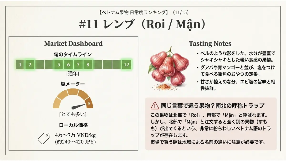 レンブ(Roi/Mận)の旬・塩メーター・ローカル価格を示すダッシュボード。旬は通年で最盛期は5〜8月・12月、塩は「とても多い」、価格は4万〜7万VND/kg。南北で呼称が異なる注意点も図解