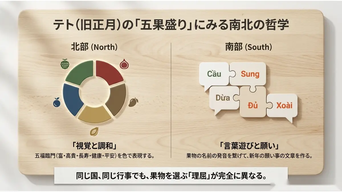 テト(旧正月)の「五果盛り」にみる南北の哲学:北部(North)は五福臨門を色の輪で表現する「視覚と調和」、南部(South)はCầu・Sung・Dừa・Đủ・Xoàiの発音をつなげる「言葉遊びと願い」。同じ国、同じ行事でも果物を選ぶ理屈が完全に異なる