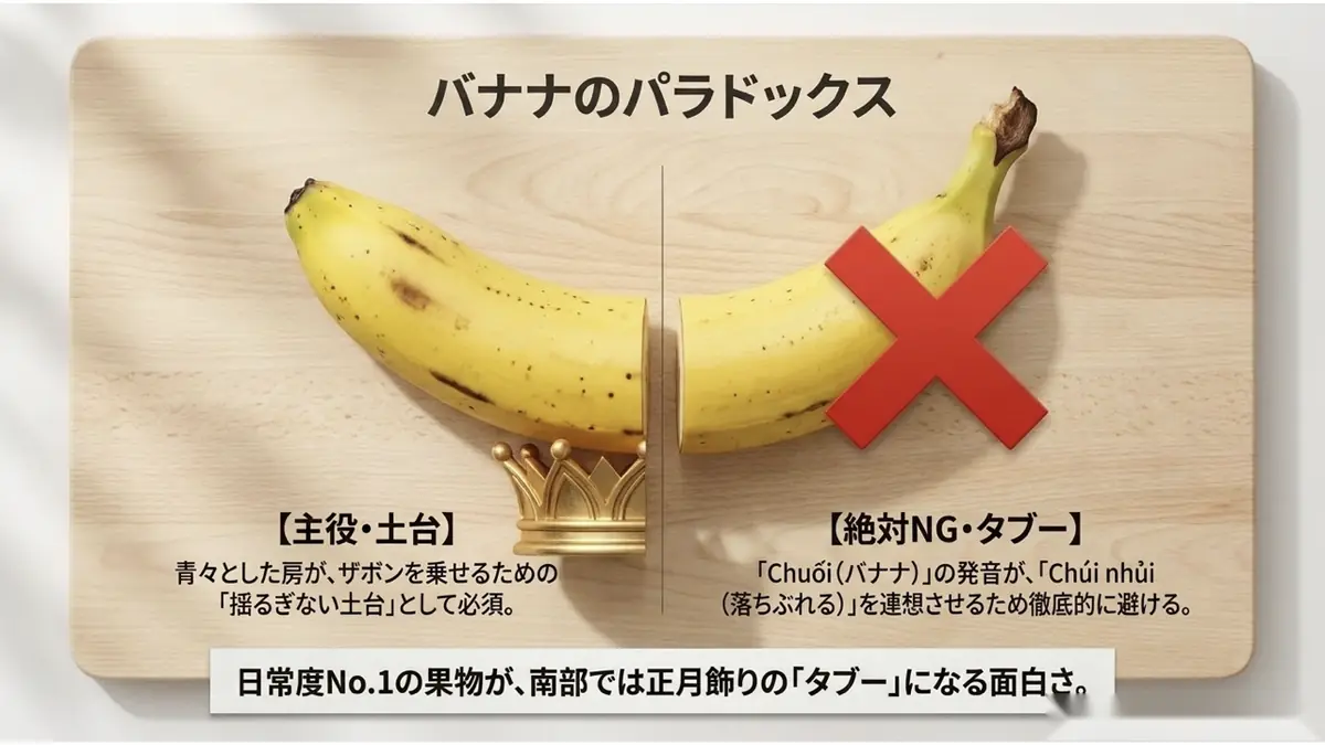 バナナのパラドックス:北部では青々とした房が金の冠を乗せる「主役・土台」として必須なのに対し、南部では発音の連想から「絶対NG・タブー」として赤い×印で避けられる様子を対比。日常度No.1の果物が南部では正月飾りのタブーになる面白さ