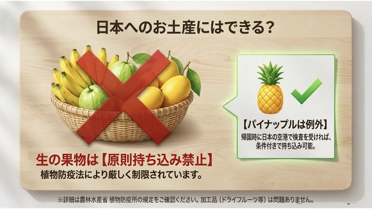 日本へのお土産にはできる?バナナ・グアバ・マンゴーが入ったかごに赤い×印、生の果物は原則持ち込み禁止(植物防疫法により厳しく制限)。一方パイナップルは例外として、帰国時に日本の空港で検査を受ければ条件付きで持ち込み可能