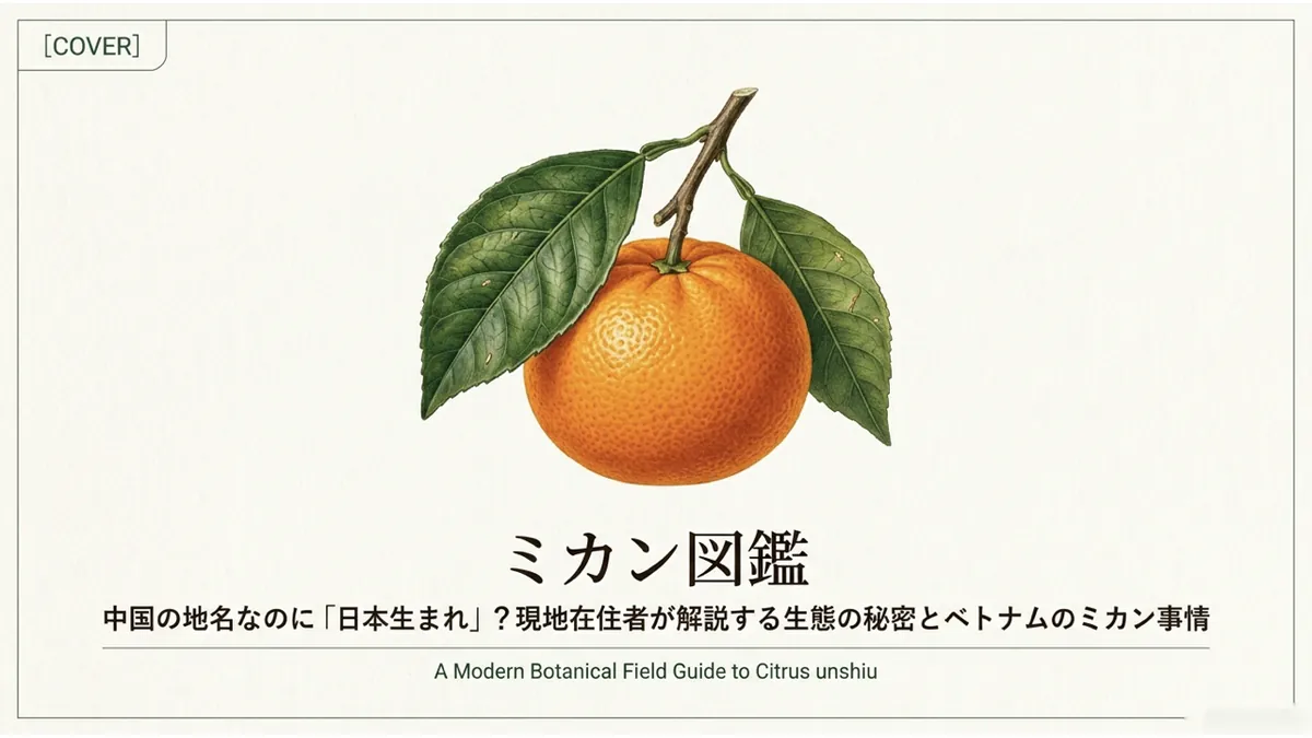 ミカンの実物イラストと「ミカン図鑑 中国の地名なのに『日本生まれ』?現地在住者が解説する生態の秘密とベトナムのミカン事情 A Modern Botanical Field Guide to Citrus unshiu」というタイトル