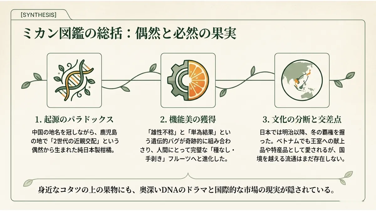 「起源のパラドックス(中国の地名を冠しながら鹿児島で2世代の近親交配という偶然から生まれた純日本製柑橘)」「機能美の獲得(雄性不稔と単為結果という遺伝的バグが組み合わさり種なし・手剥きフルーツへ進化)」「文化の分断と交差点(日本では明治以降の冬の定番、ベトナムでは献上品・特産品だが国境を越える流通はまだない)」の3つを並べた「ミカン図鑑の総括:偶然と必然の果実」の図