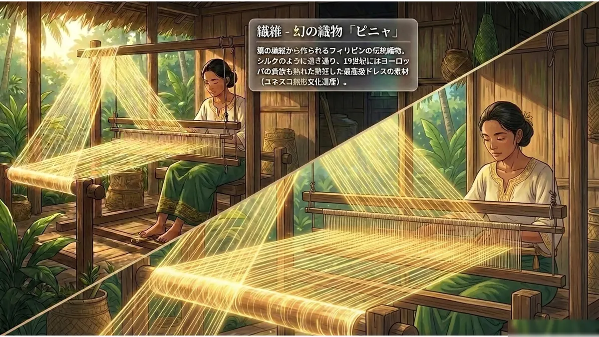 パイナップルの葉の繊維から作られる伝統織物「ピニャ」を織る職人の様子を描いたイメージ