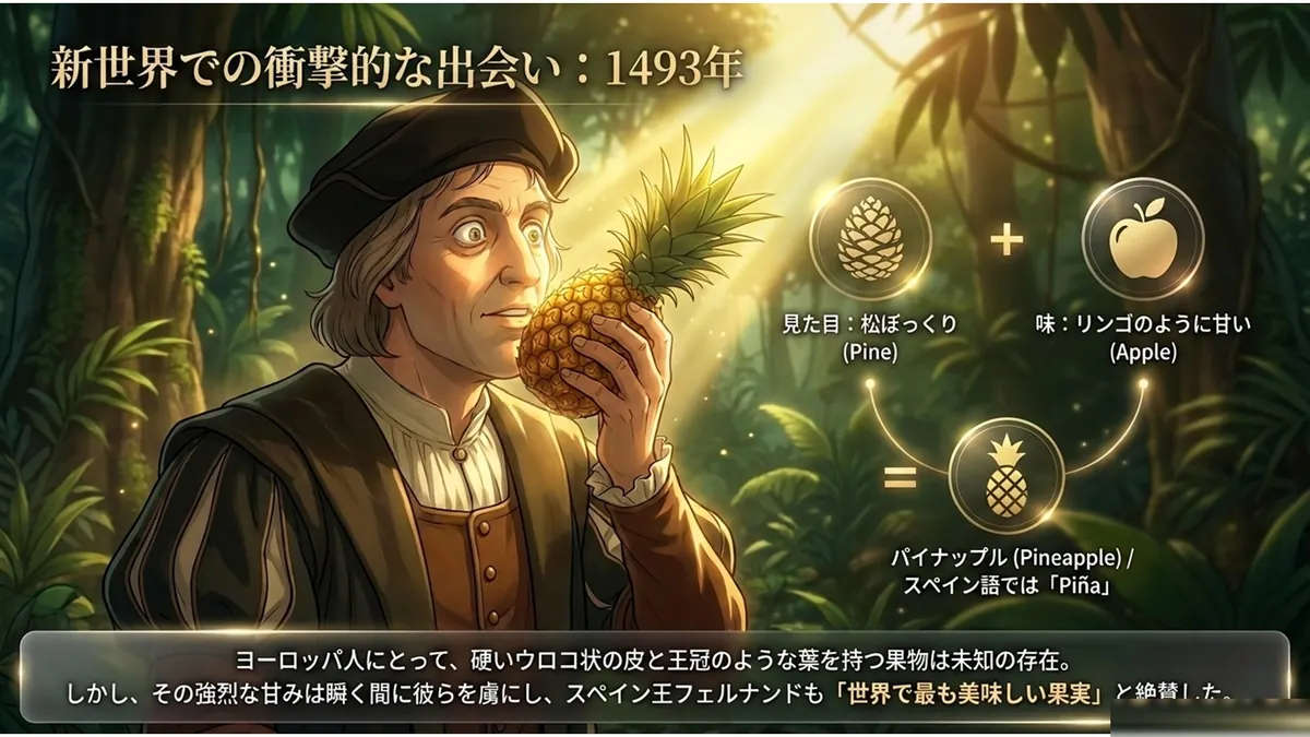 ヨーロッパの人物がパイナップルを手に、「松ぼっくり」と「りんご」を合わせた名前の由来を示すイメージ