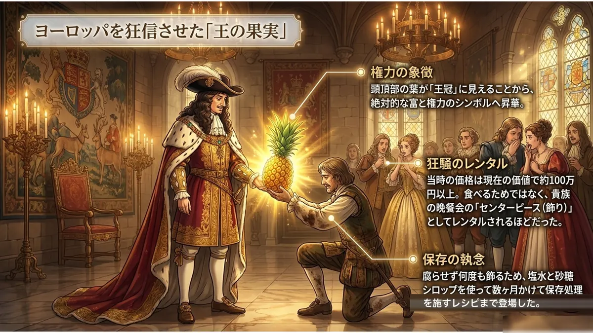 宴の場でパイナップルが王侯貴族に扱われる様子を描いたイメージ
