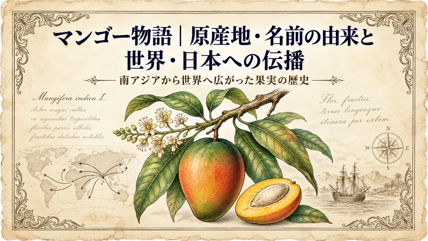 マンゴーの花、葉、果実、断面と世界への伝播を描いたタイトル