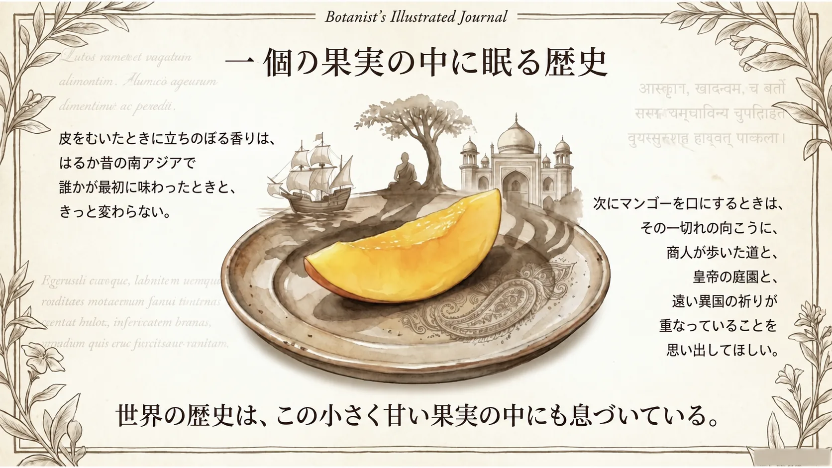 一皿のマンゴーに、交易と文化の歴史を重ねたイラスト