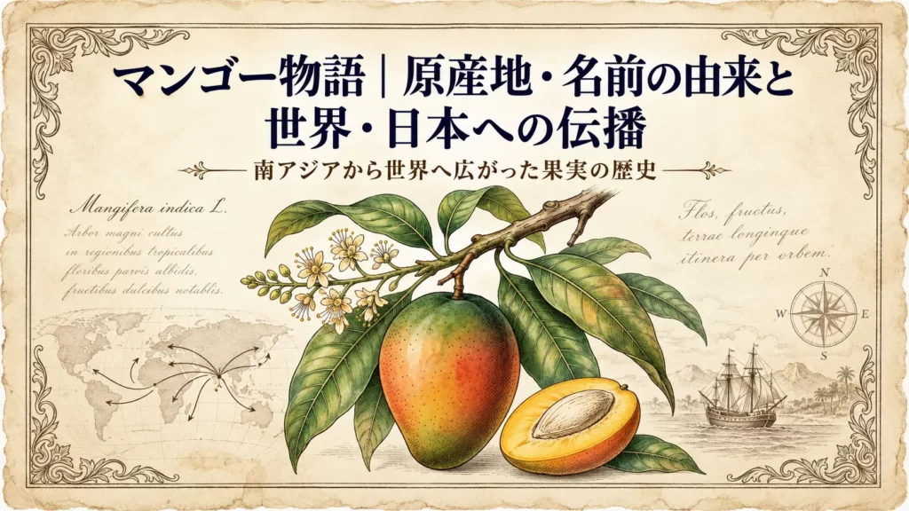マンゴーの花、葉、果実、断面と世界への伝播を描いたタイトル