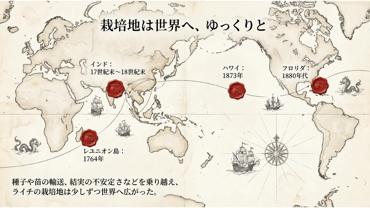 インド、レユニオン島、ハワイ、フロリダへのライチ伝来時期を示す世界地図