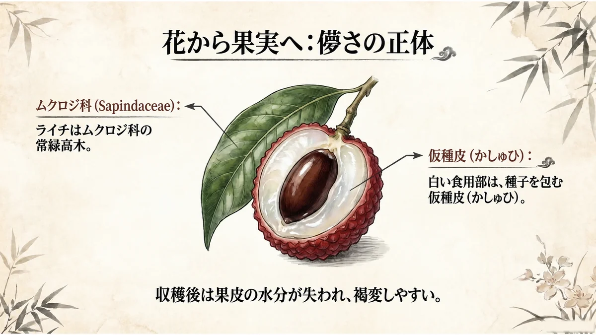 ライチの断面と、ムクロジ科・仮種皮・果皮の褐変を示す図解