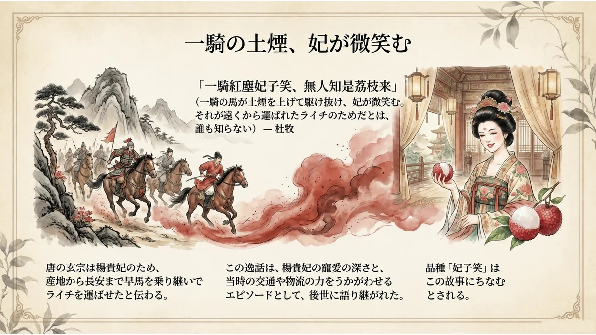 早馬の一団が土煙を上げて山道を駆け、長安の宮廷で楊貴妃がライチを手にするイメージ