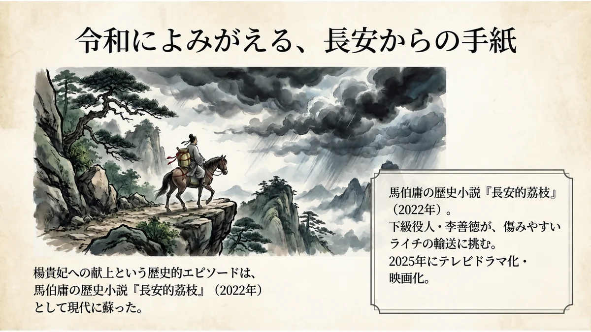 雨の山道を馬で駆ける旅人と、馬伯庸の小説『長安的荔枝』の映像化を紹介する図