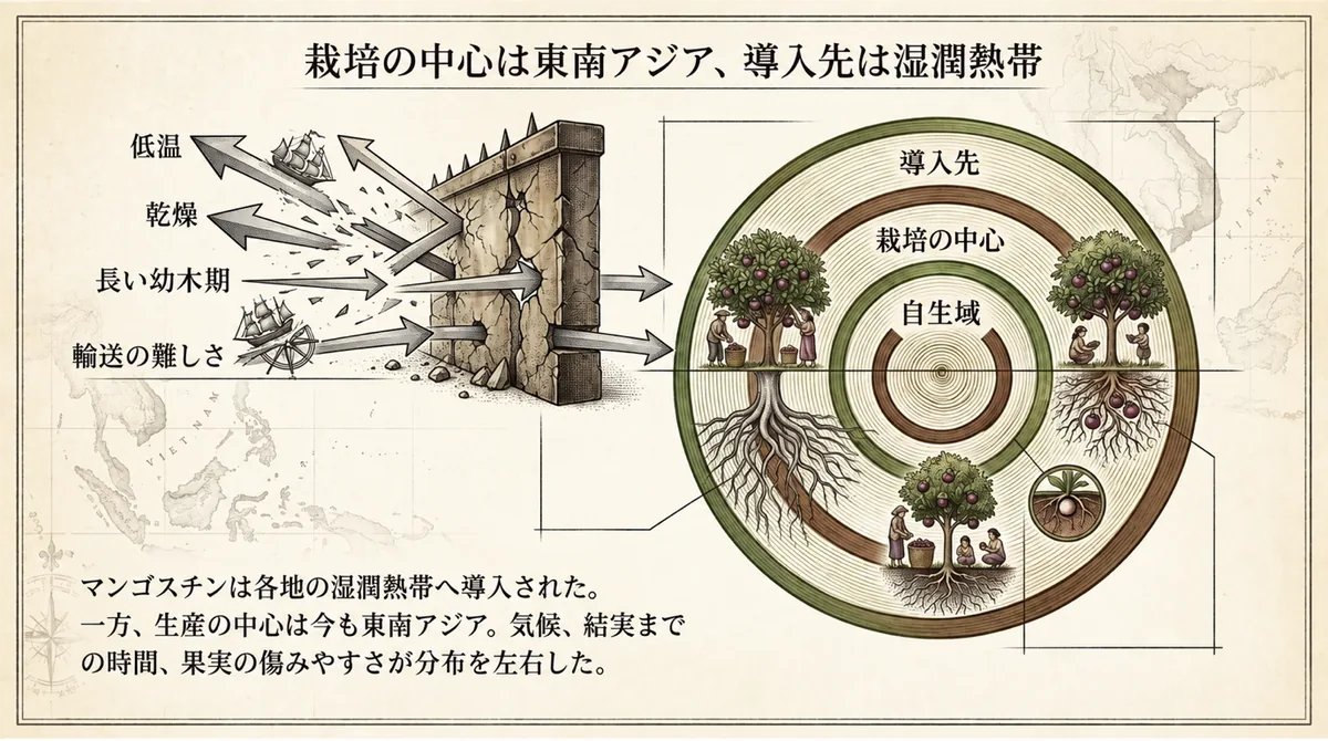 マンゴスチンの栽培中心と湿潤熱帯への導入を左右した気候や輸送条件