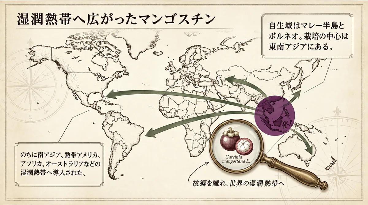 マンゴスチンがマレー半島とボルネオから世界の湿潤熱帯へ広がった地図