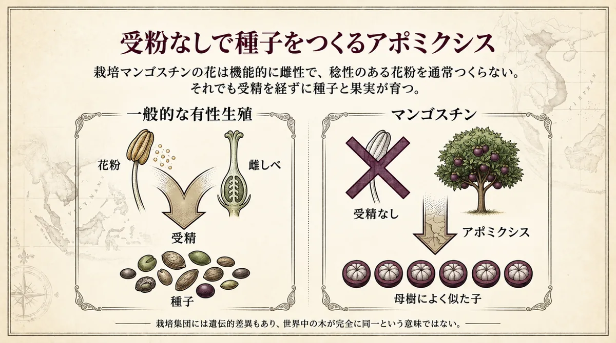 一般的な有性生殖とマンゴスチンのアポミクシスを比較した植物学図
