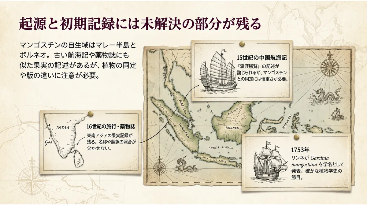 マンゴスチンの起源と15世紀から1753年までの初期記録を示す古地図
