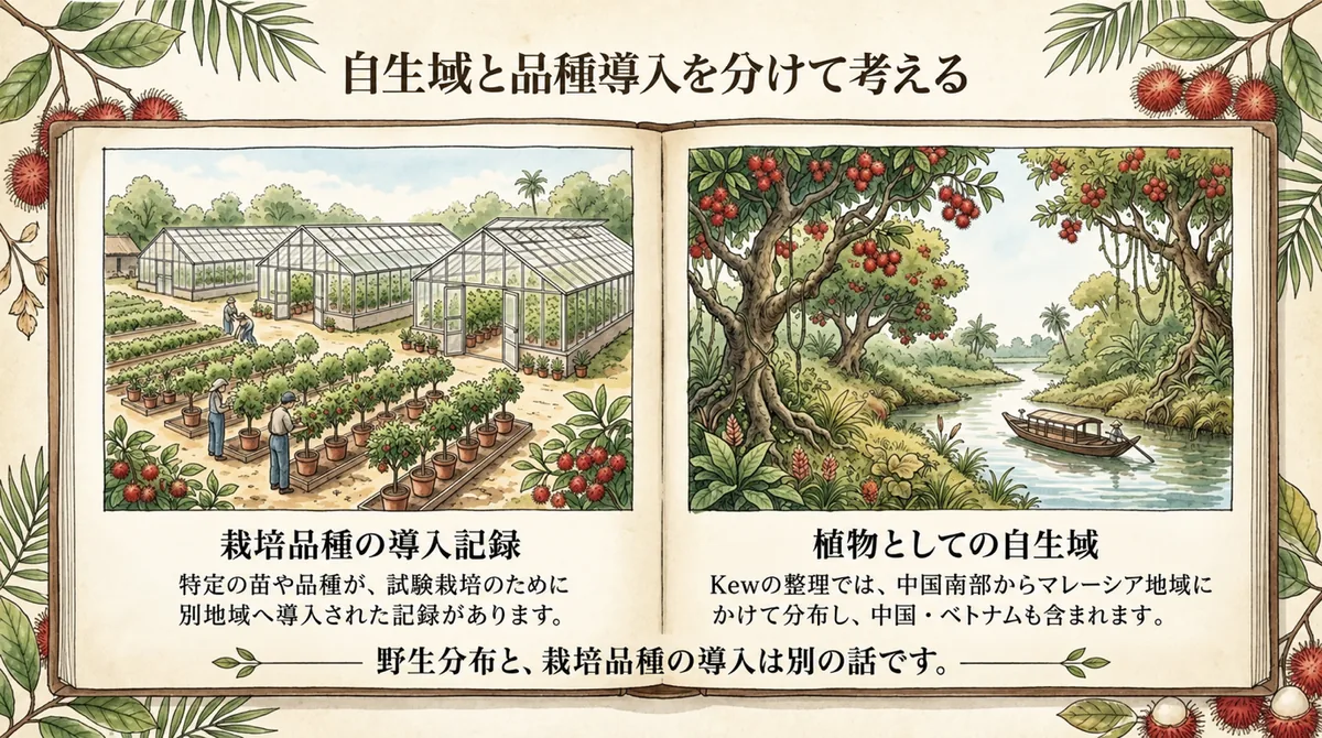 自生域と栽培品種の導入記録を分けて考える図