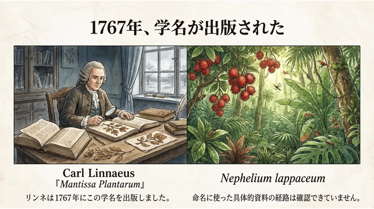 1767年にリンネがNephelium lappaceumの学名を出版したことを示す図
