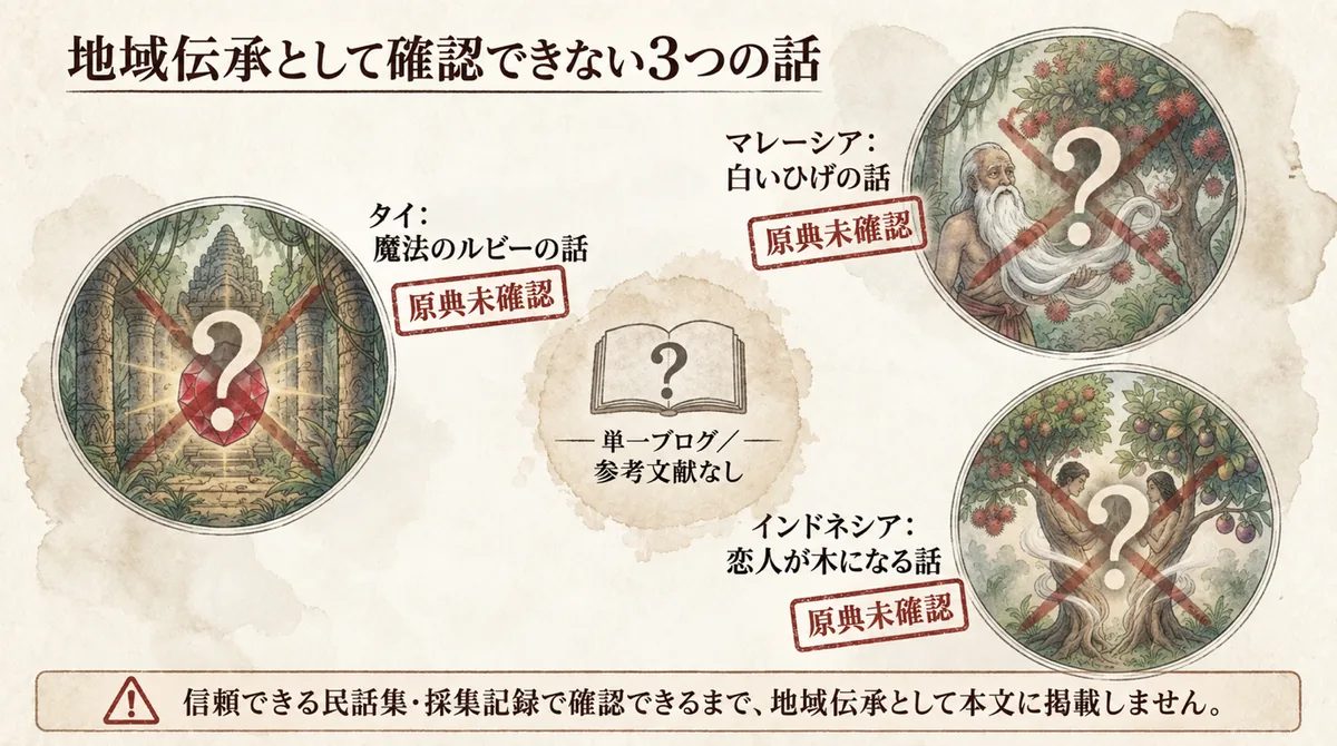 マレーシア、タイ、インドネシアの三つの話が原典未確認であることを示す図