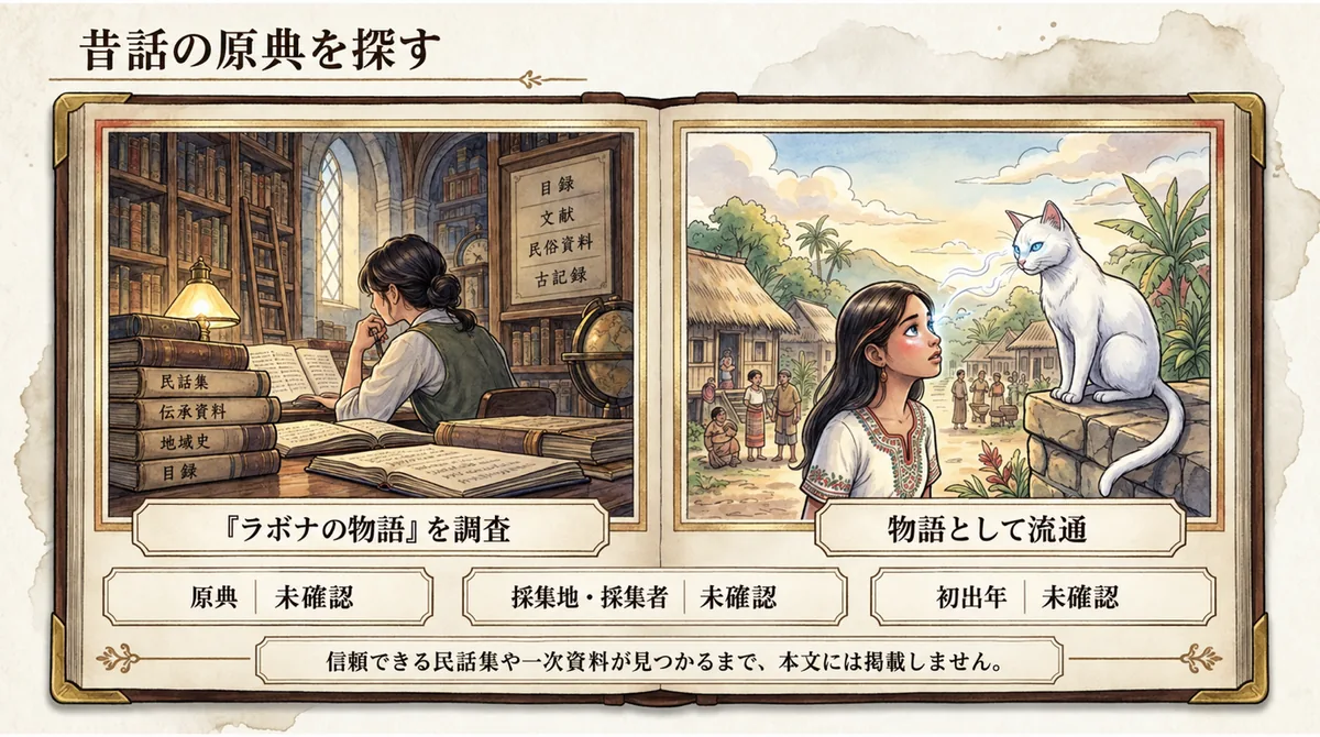 ラボナの物語について原典、採集地、採集者、初出年が未確認であることを示す図