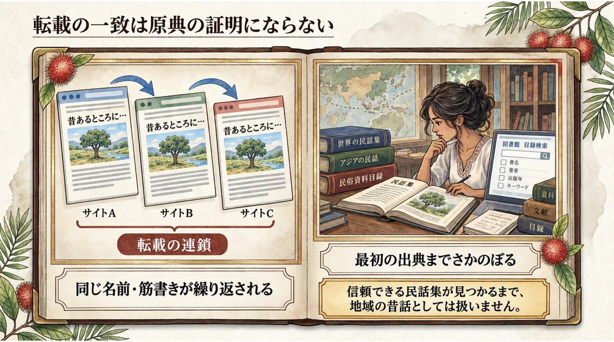 複数サイトの転載一致だけでは昔話の原典を証明できないことを示す図
