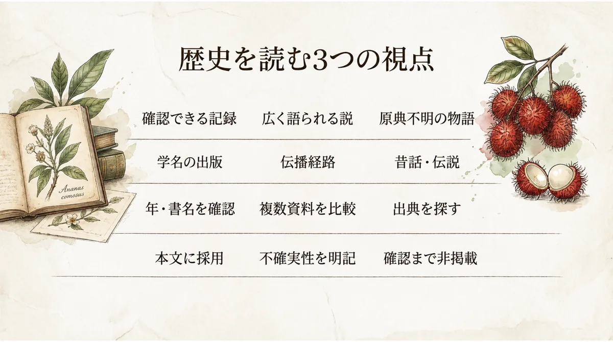 ランブータンの歴史を確認できる記録、通説、原典不明の物語に分けて読む図
