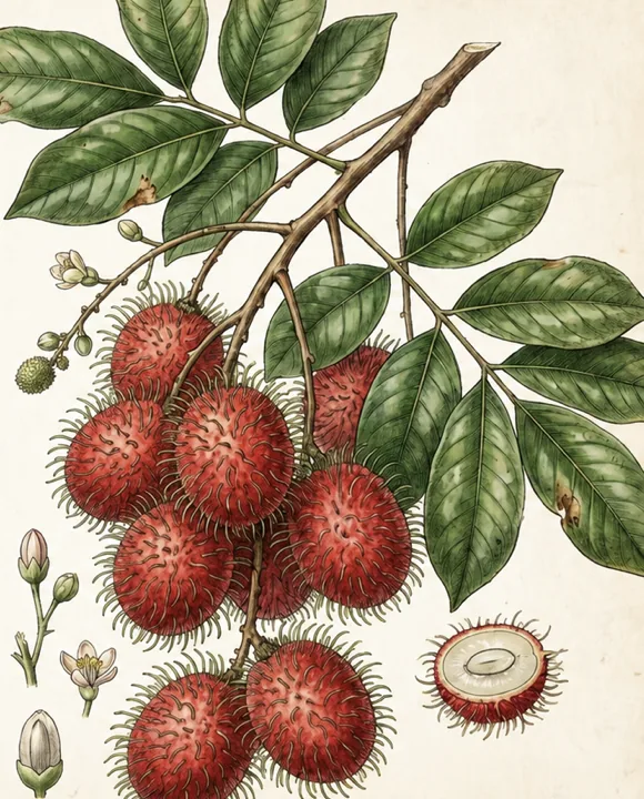 枝に実るランブータンの植物画