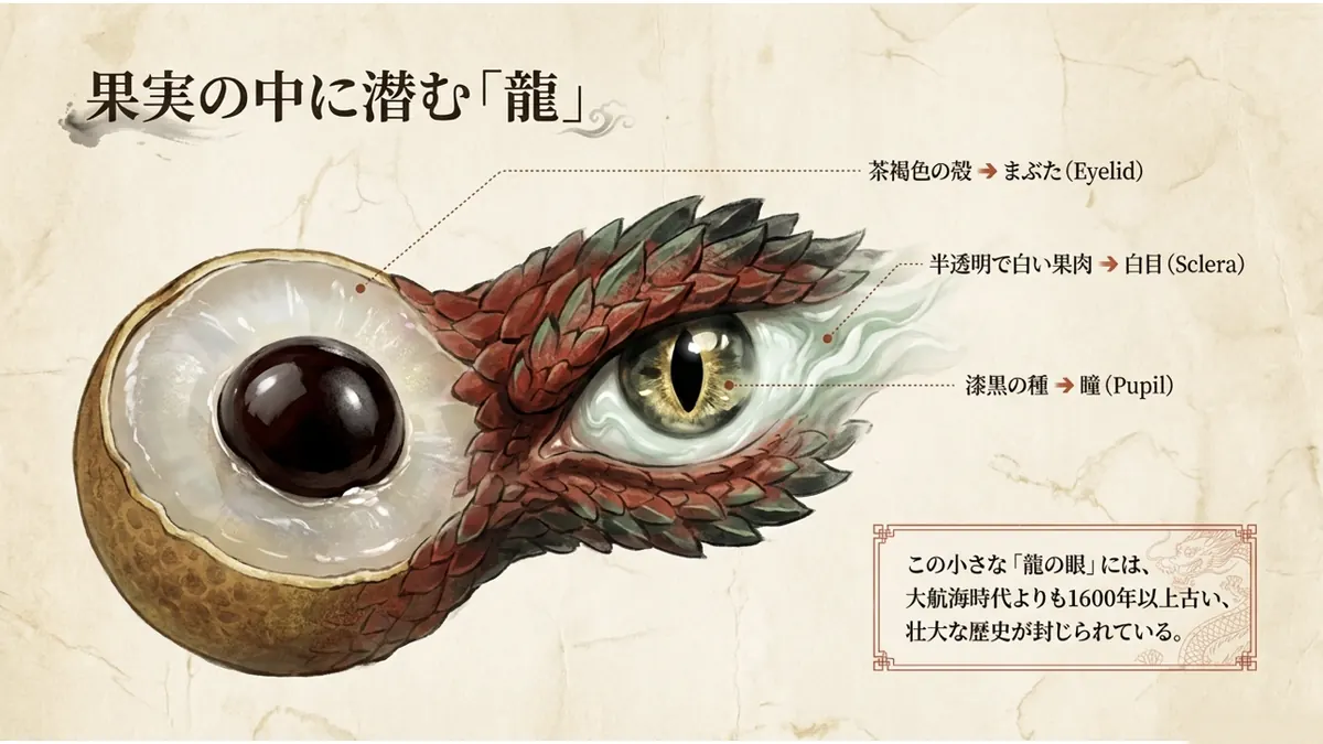 ロンガンの黒い種と白い仮種皮を龍の眼に重ねたイラスト