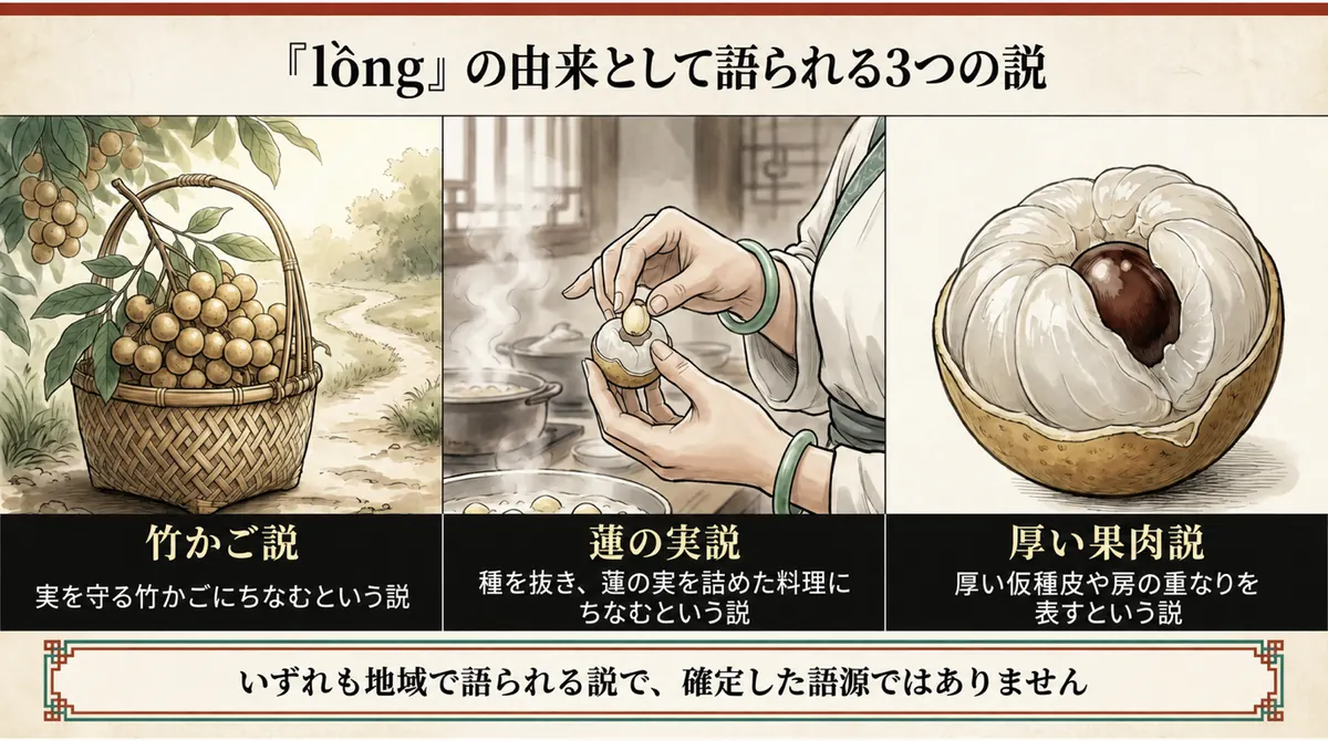 「lồng」の由来として語られる竹かご、蓮の実、厚い可食部の3説を描いた図