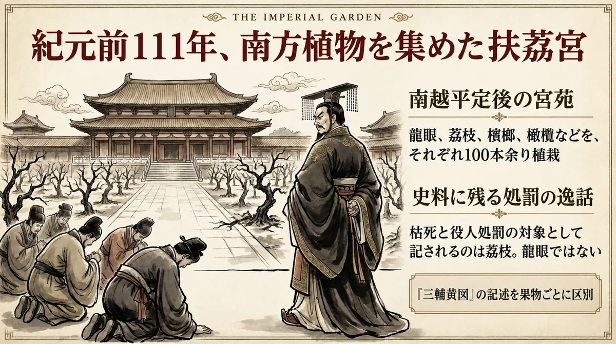 南越平定後、扶荔宮に龍眼や茘枝など南方植物が植えられたことを示す歴史図解